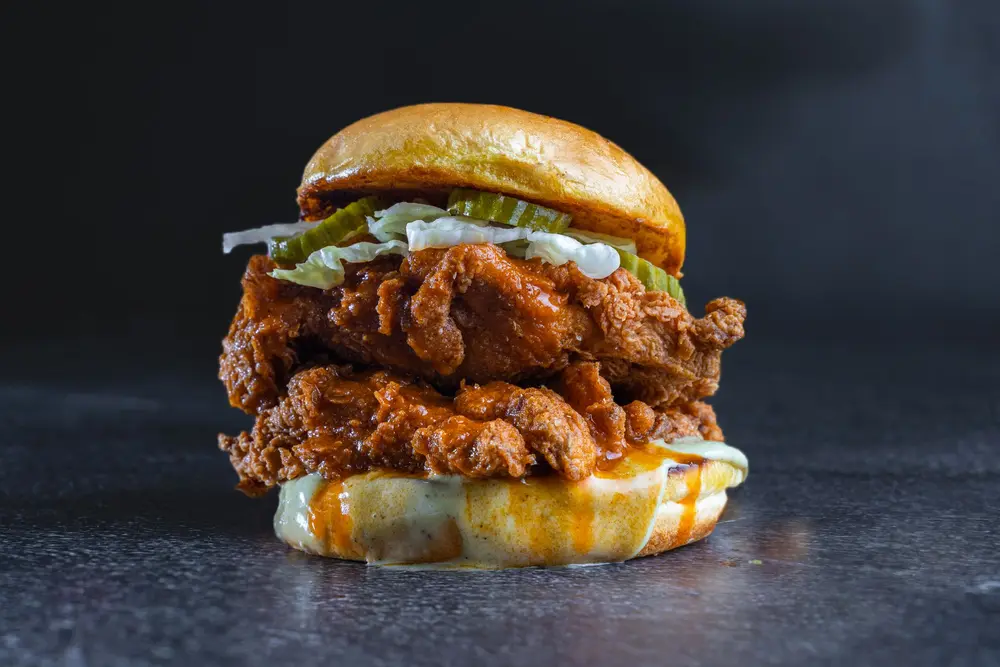 Fried chicken burger with slaw and pickles
